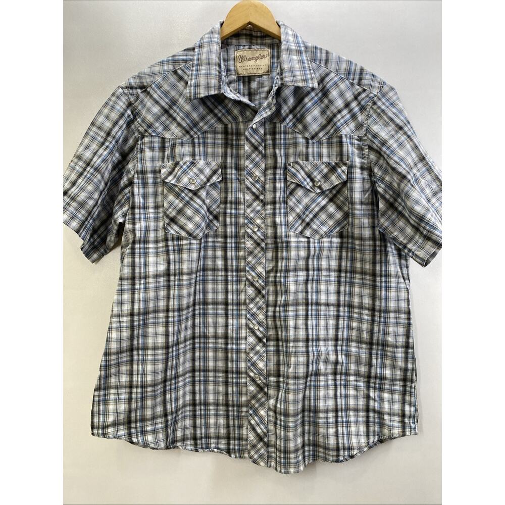 Wrangler Plaid Pearl Snap Short Sleeve Western Shirt Mens XL 50 Blue Gray White - Picture 2 of 8